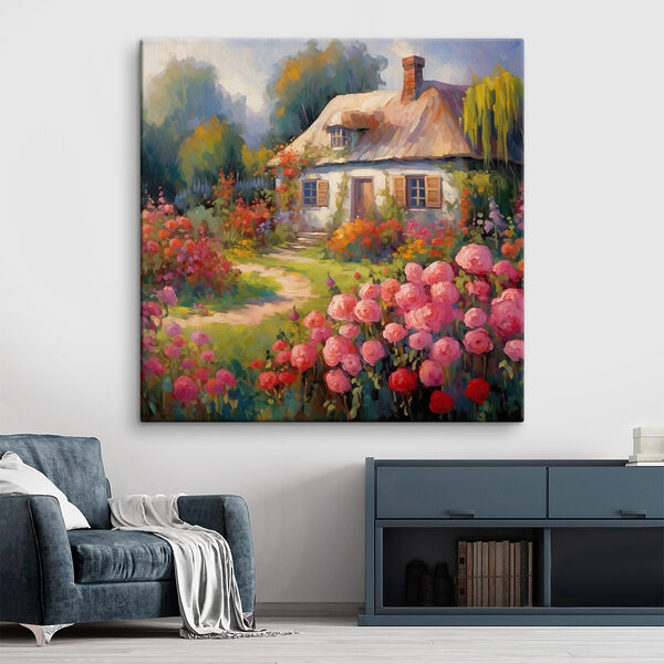 Schilderij van een huis met bloemen Schilderij van een huis met bloemen