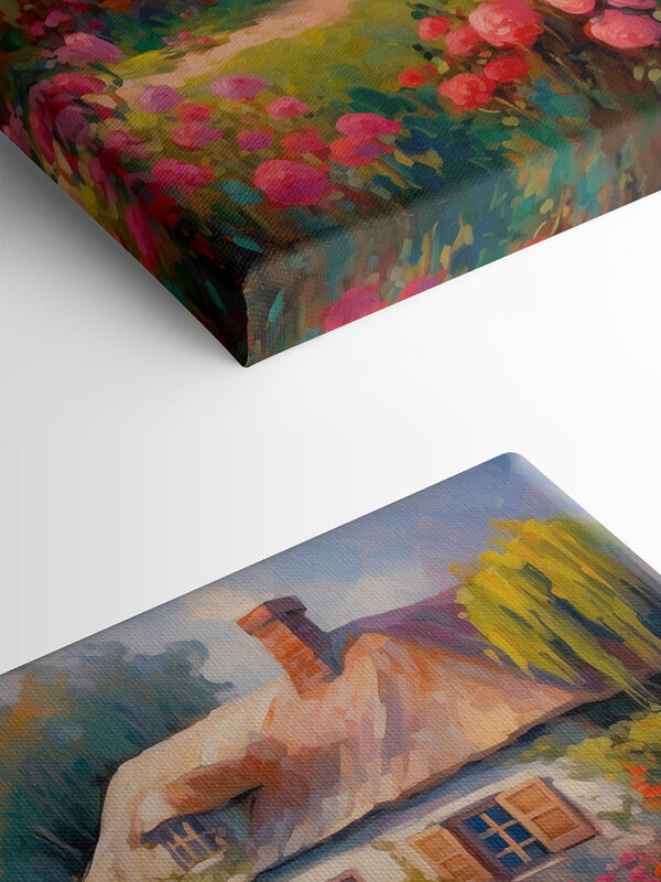 Schilderij van een huis met bloemen Schilderij van een huis met bloemen
