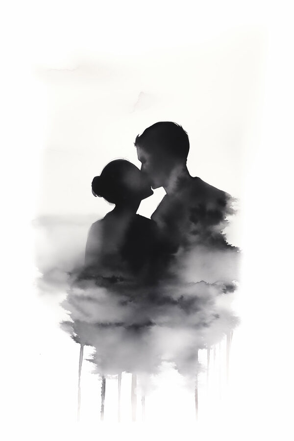 Man en vrouw kussen in de wolken Man en vrouw kussen in de wolken