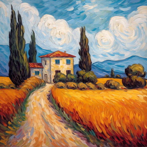 Schilderij van een huis in een tarweveld Schilderij van een huis in een tarweveld