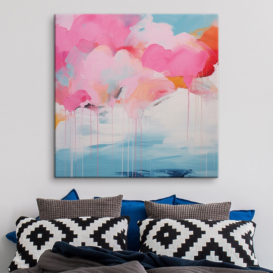 Schilderij van roze wolken en blauwe lucht