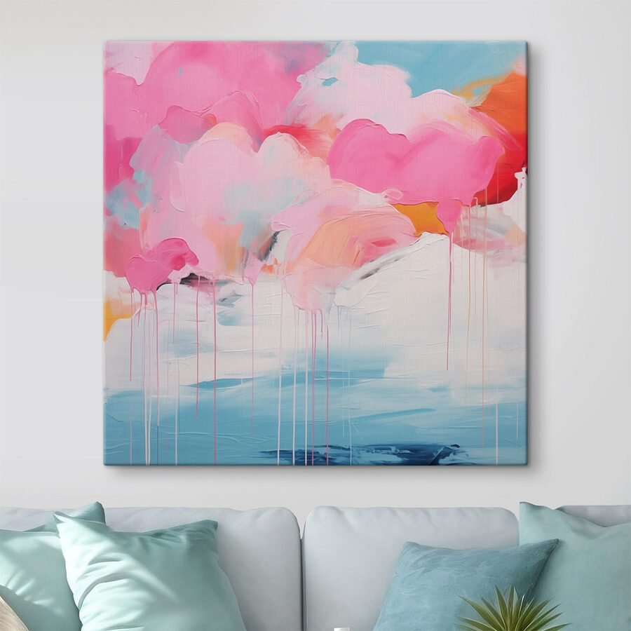 Schilderij van roze wolken en blauwe lucht