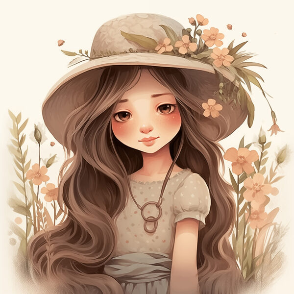 Cartoon meisje met lang haar draagt een hoed en bloemen Cartoon meisje met lang haar draagt een hoed en bloemen