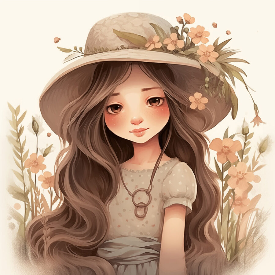 Cartoon meisje met lang haar draagt een hoed en bloemen Cartoon meisje met lang haar draagt een hoed en bloemen