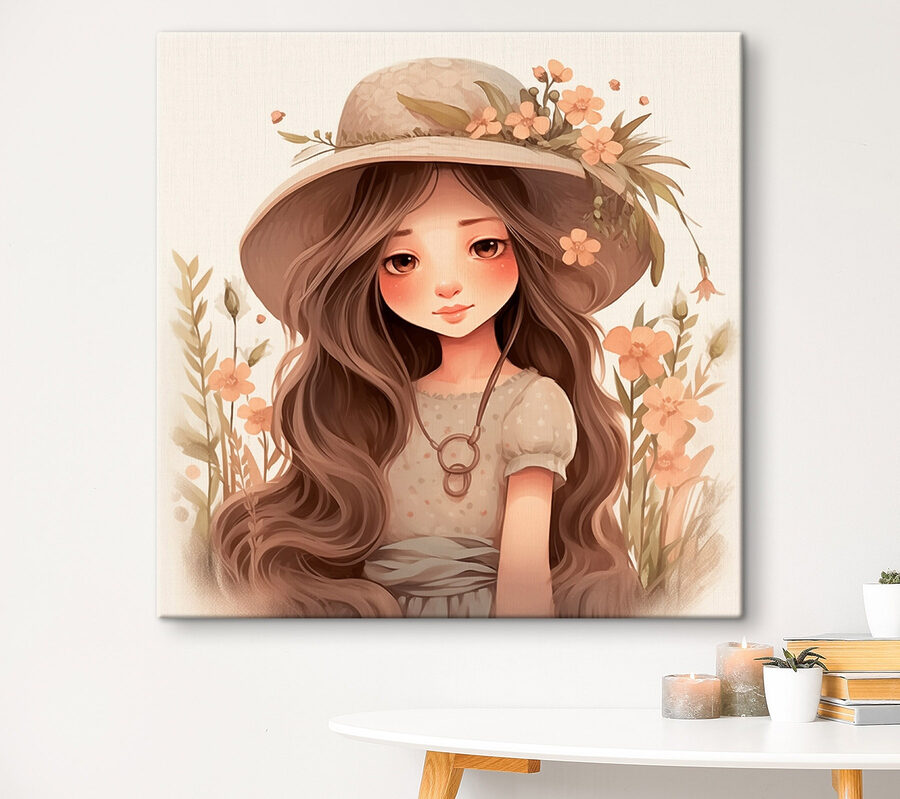 Cartoon meisje met lang haar draagt een hoed en bloemen Cartoon meisje met lang haar draagt een hoed en bloemen