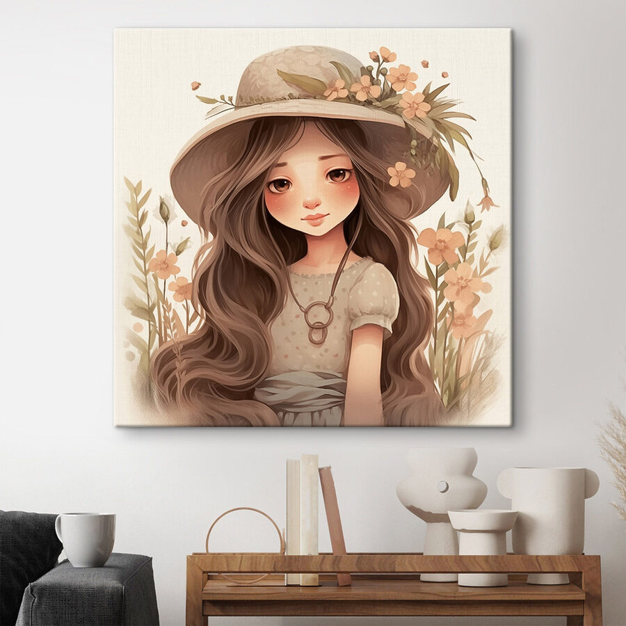 Cartoon meisje met lang haar draagt een hoed en bloemen Cartoon meisje met lang haar draagt een hoed en bloemen