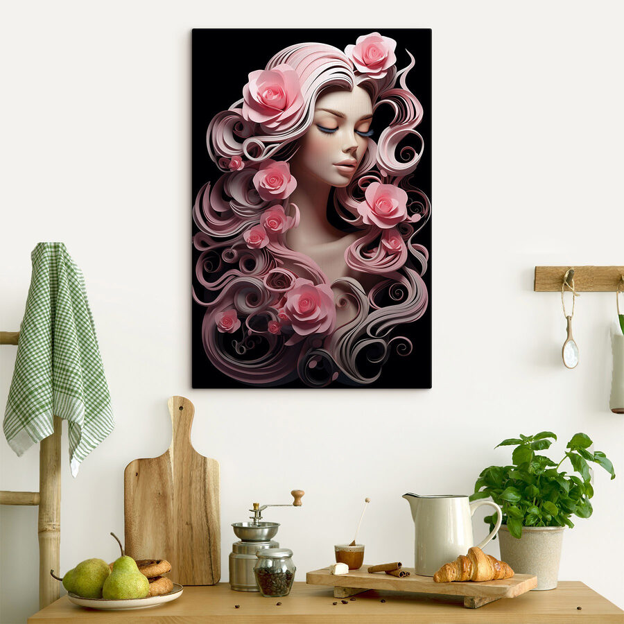 Vrouw met roze bloemen en lang haar Vrouw met roze bloemen en lang haar