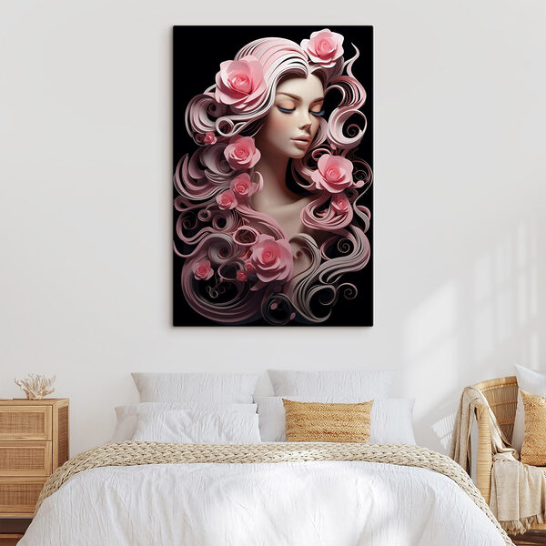 Vrouw met roze bloemen en lang haar Vrouw met roze bloemen en lang haar