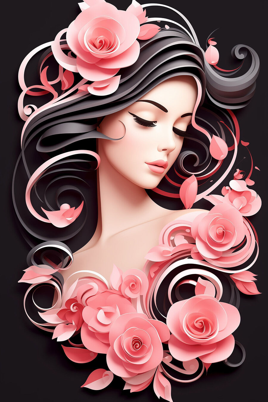 Vrouw met lang haar en roze bloemen