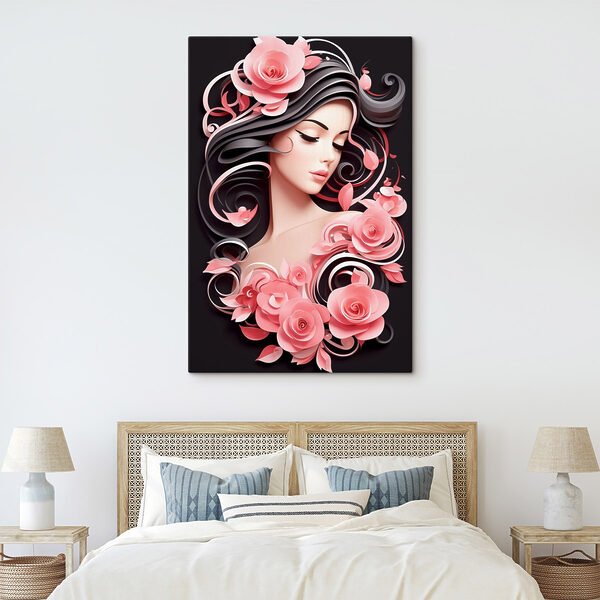 Vrouw met lang haar en roze bloemen Vrouw met lang haar en roze bloemen