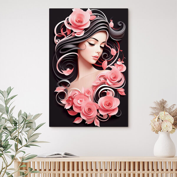 Vrouw met lang haar en roze bloemen Vrouw met lang haar en roze bloemen