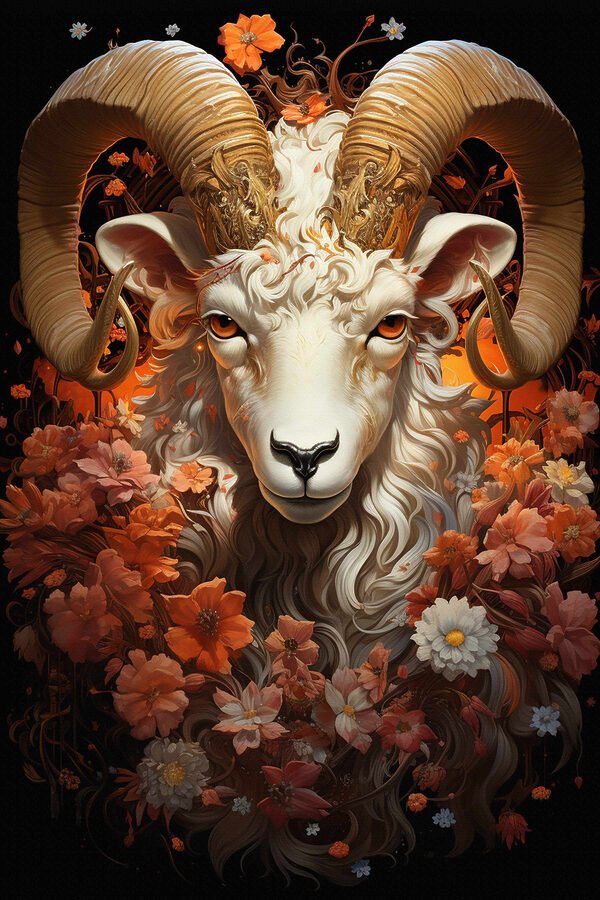 Schilderij van een ram met bloemen Schilderij van een ram met bloemen