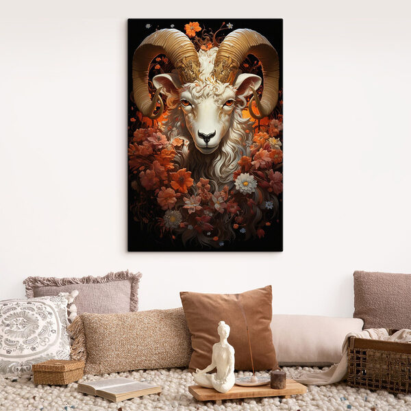 Schilderij van een ram met bloemen Schilderij van een ram met bloemen