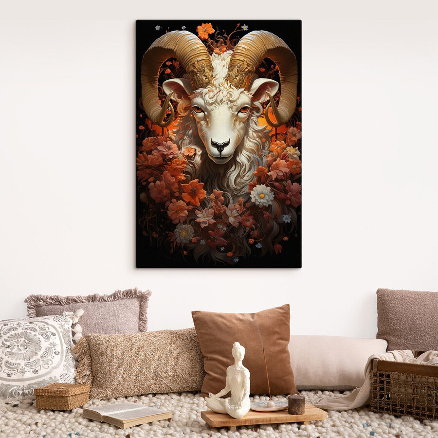 Schilderij van een ram met bloemen Schilderij van een ram met bloemen