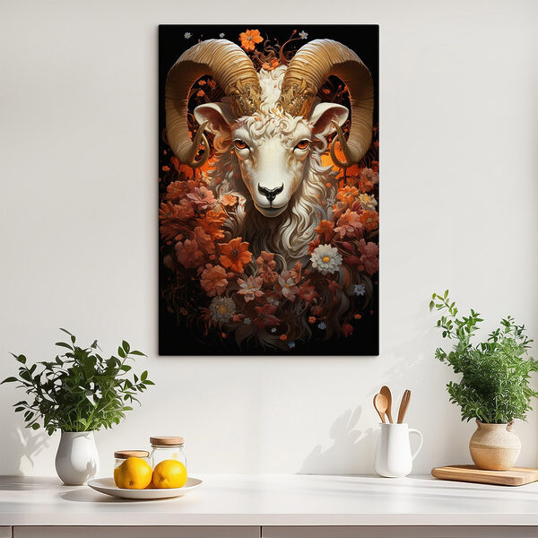 Schilderij van een ram met bloemen Schilderij van een ram met bloemen