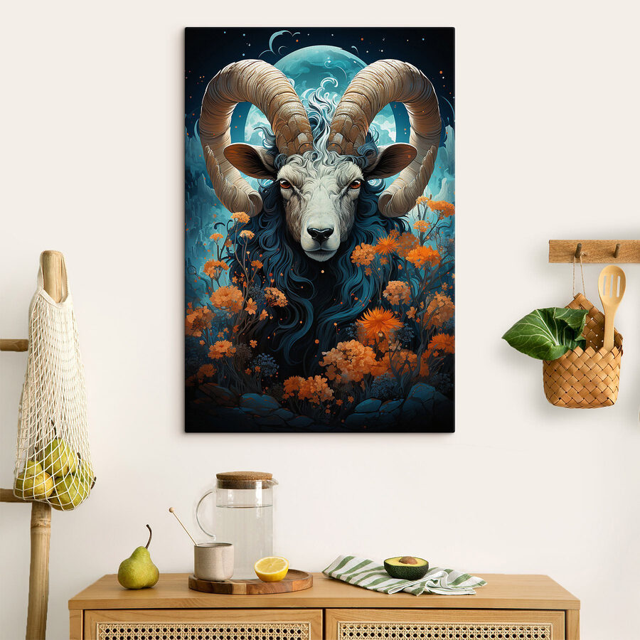 Schilderij van een ram met horens