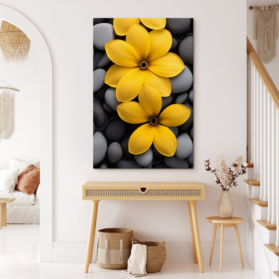 Gele bloemen op een stapel rotsen