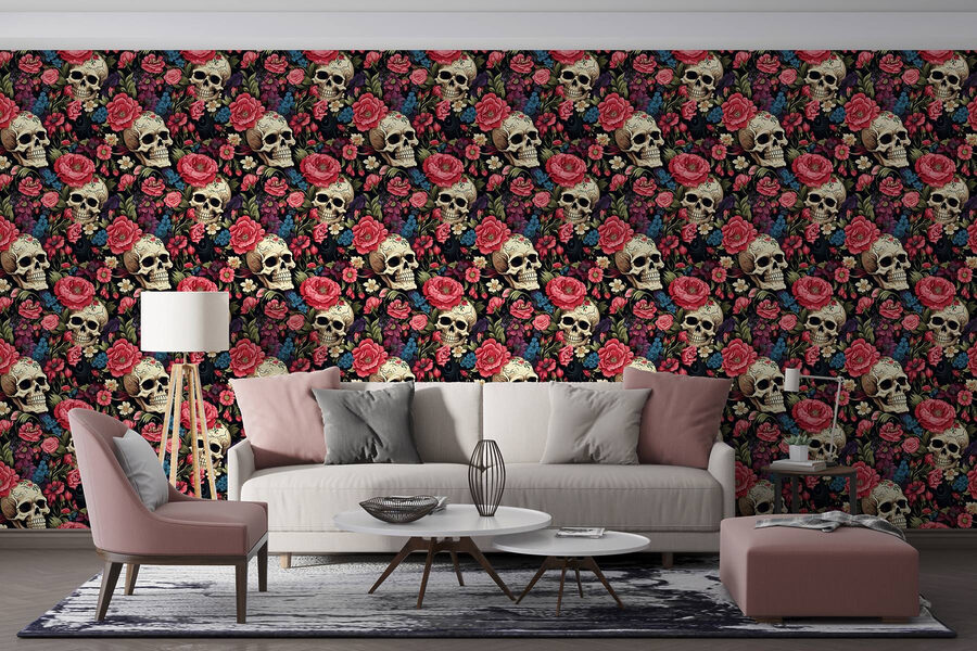 Patroon van schedels en bloemen