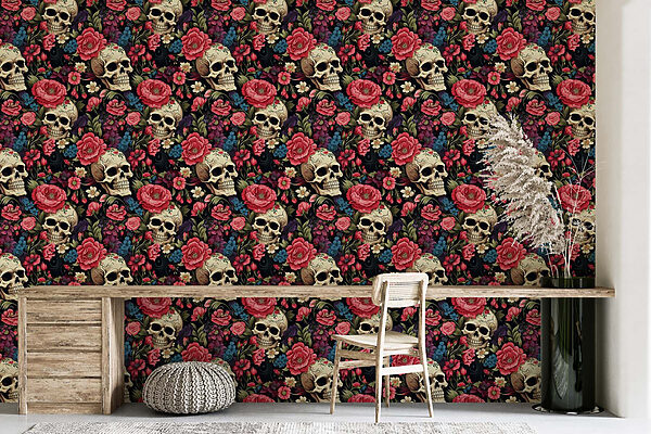 Patroon van schedels en bloemen Patroon van schedels en bloemen
