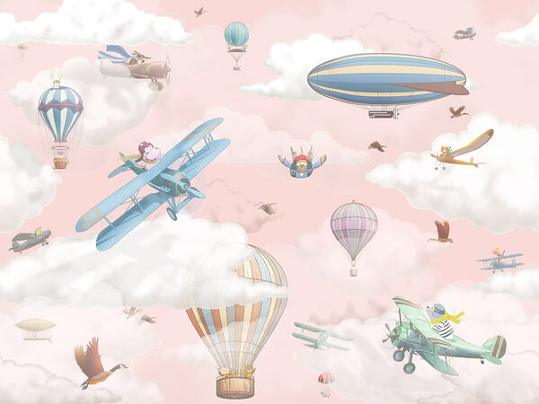 Behang met vliegtuigen en luchtballonnen Behang met vliegtuigen en luchtballonnen