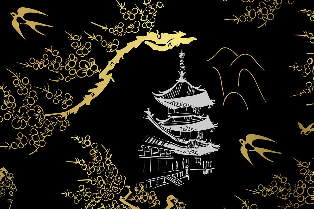 Serene tempel tussen tere bloesems Serene tempel tussen tere bloesems