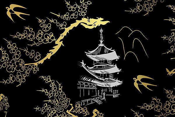 Serene tempel tussen tere bloesems Serene tempel tussen tere bloesems