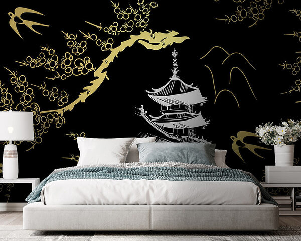 Serene tempel tussen tere bloesems Serene tempel tussen tere bloesems