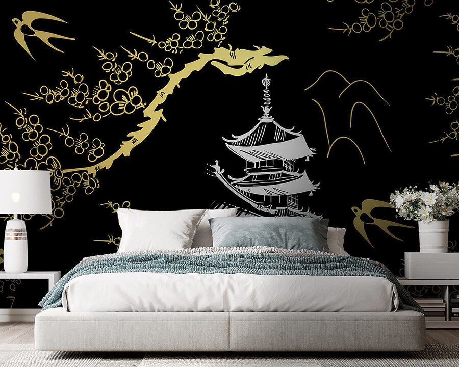 Serene tempel tussen tere bloesems