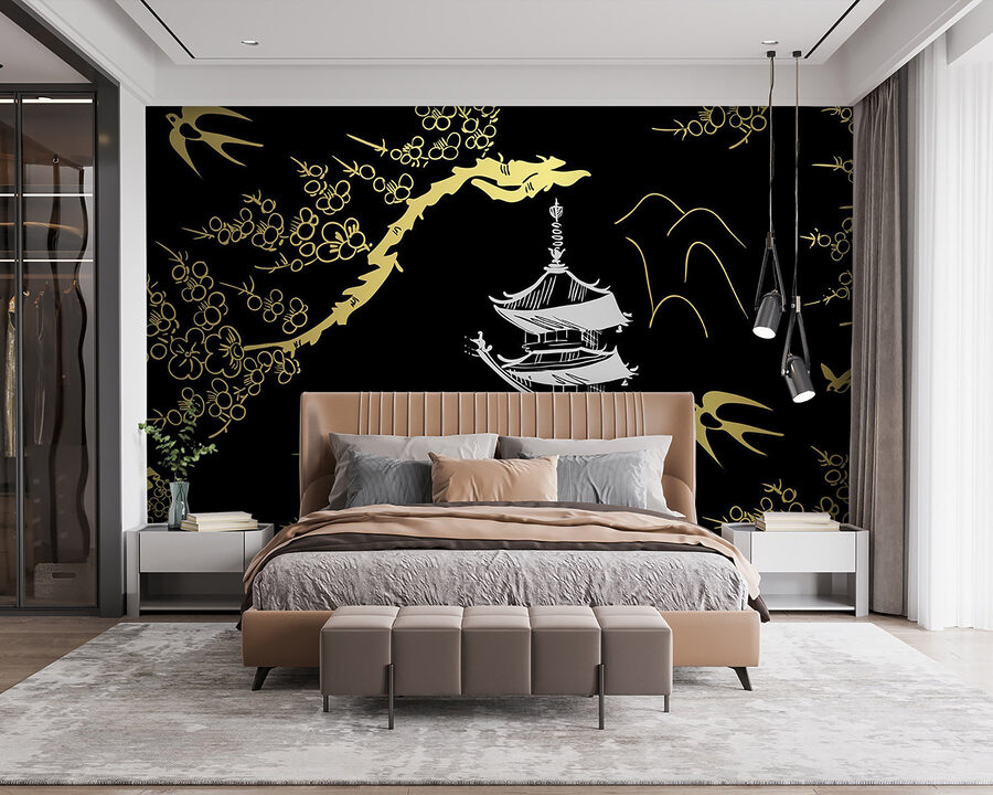 Serene tempel tussen tere bloesems
