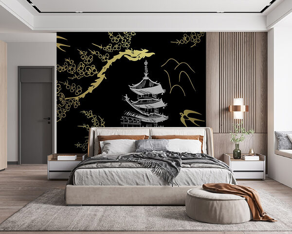 Serene tempel tussen tere bloesems Serene tempel tussen tere bloesems