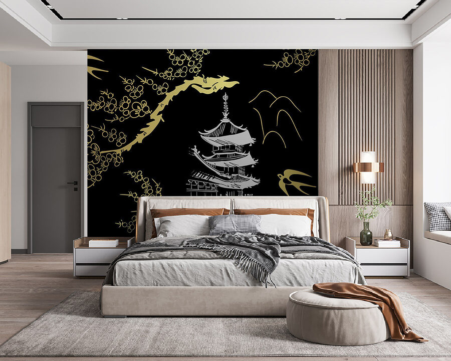 Serene tempel tussen tere bloesems
