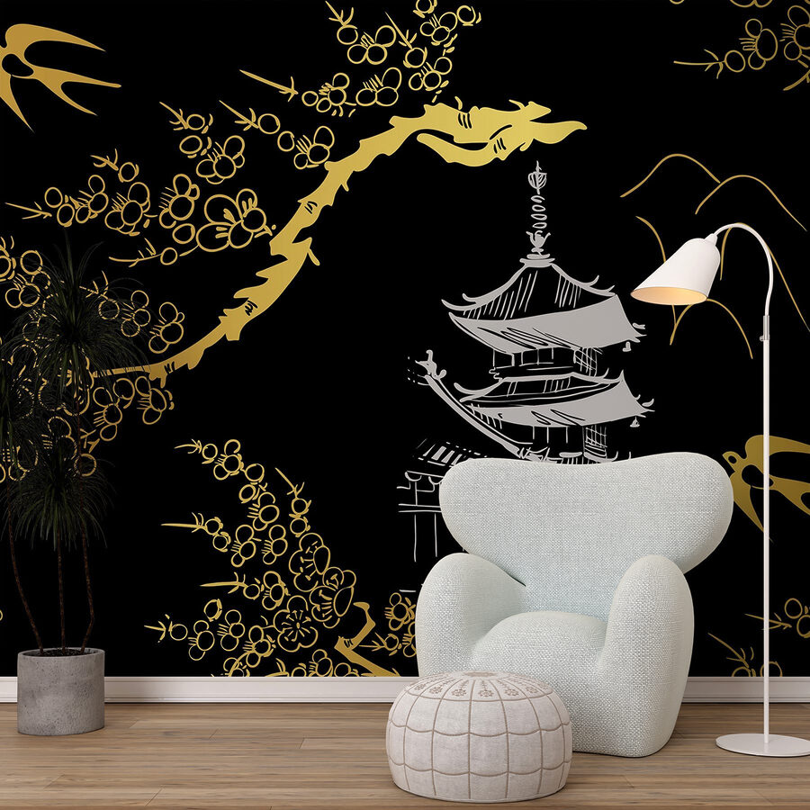 Serene tempel tussen tere bloesems