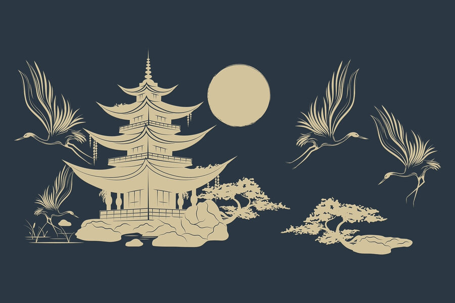 Tekening van een pagode en kranen Tekening van een pagode en kranen