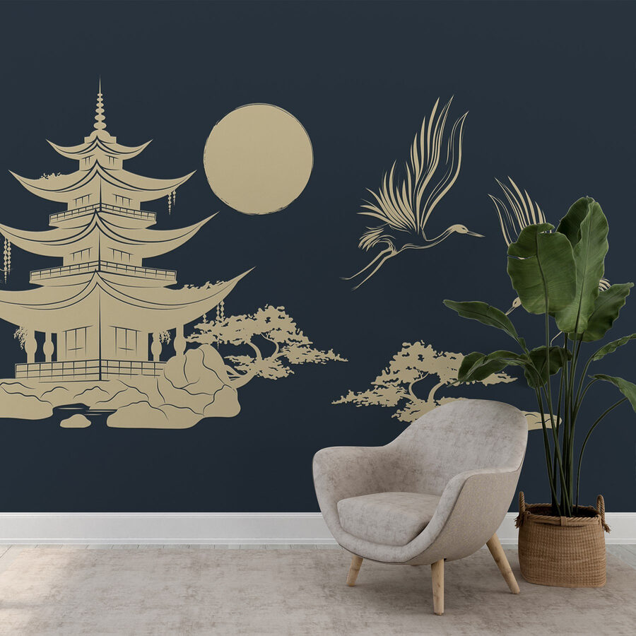 Tekening van een pagode en kranen Tekening van een pagode en kranen