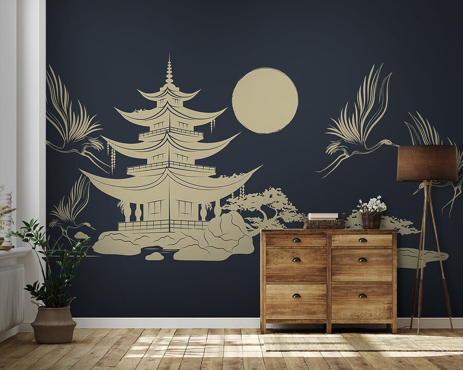 Tekening van een pagode en kranen Tekening van een pagode en kranen