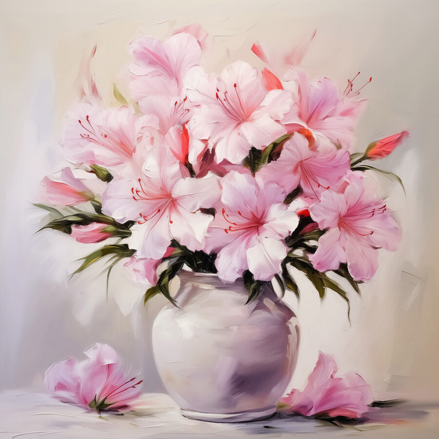 Schilderij van roze bloemen in een vaas