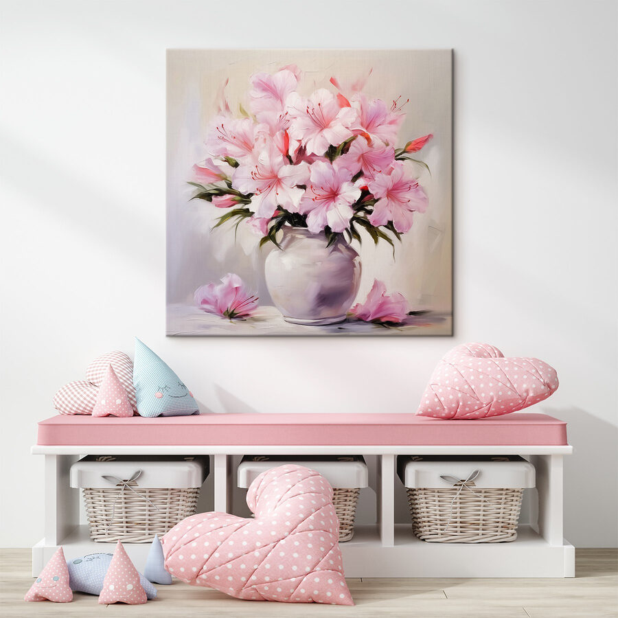 Schilderij van roze bloemen in een vaas