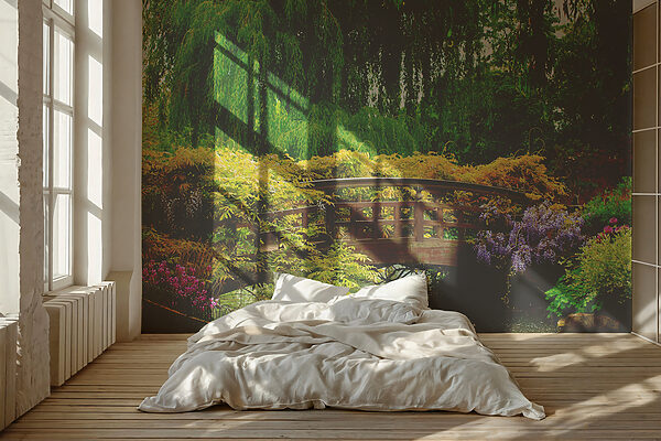 Brug over water met bomen en planten Fotobehang Brug over water met bomen en planten