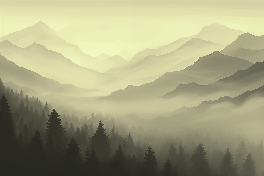 Mistig berglandschap met bomen
