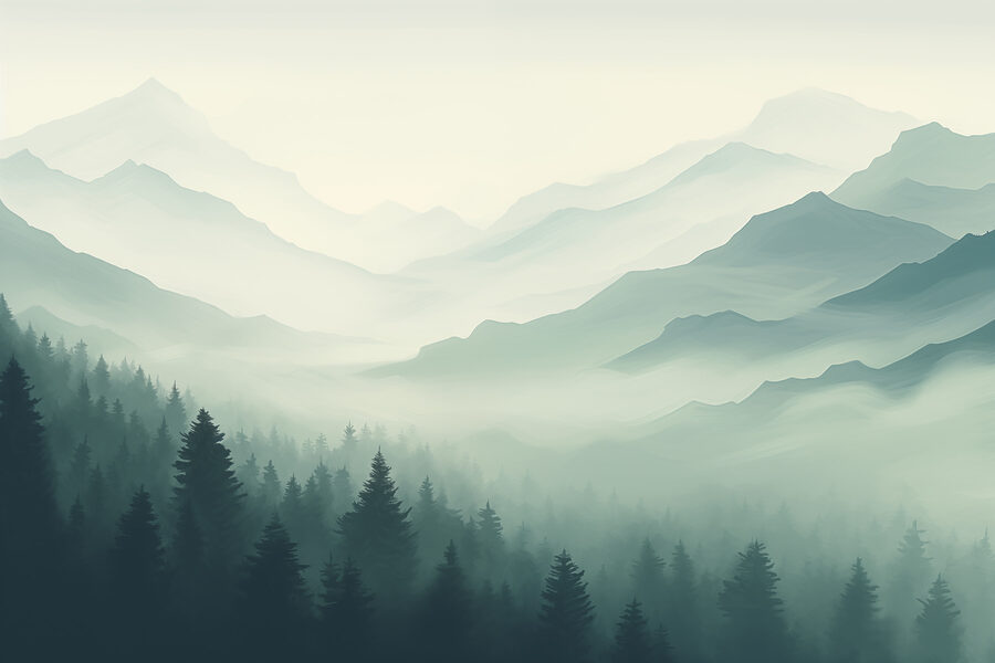 Mistig berglandschap met bomen