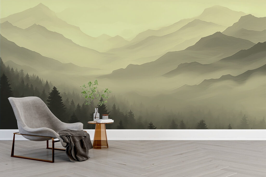 Foggy mountain landscape with trees