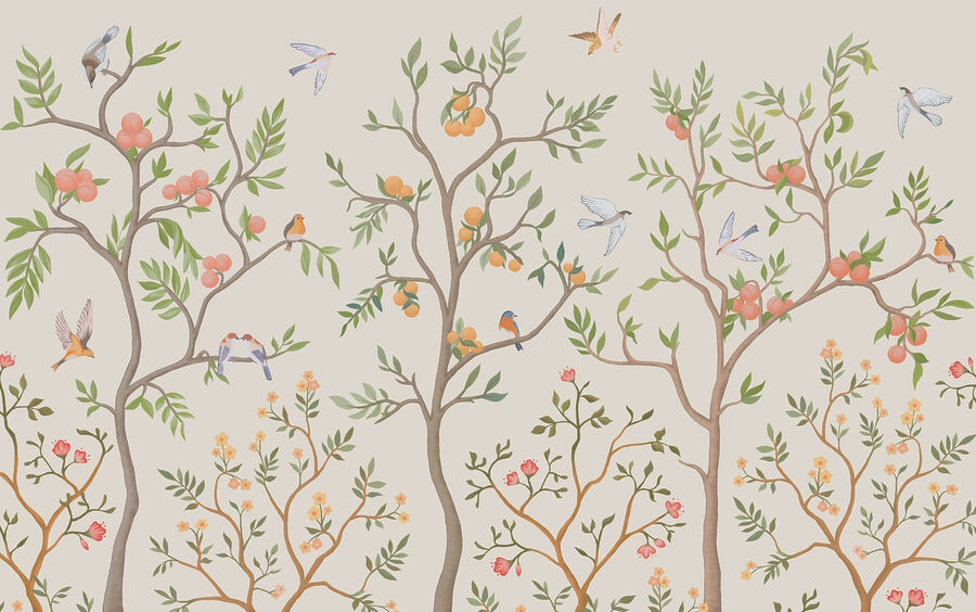 Behang met vogels en bomen