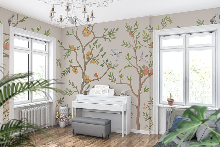 Behang met vogels en bomen