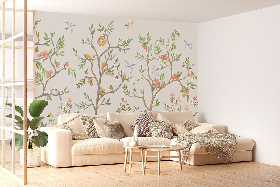 Behang met vogels en bomen