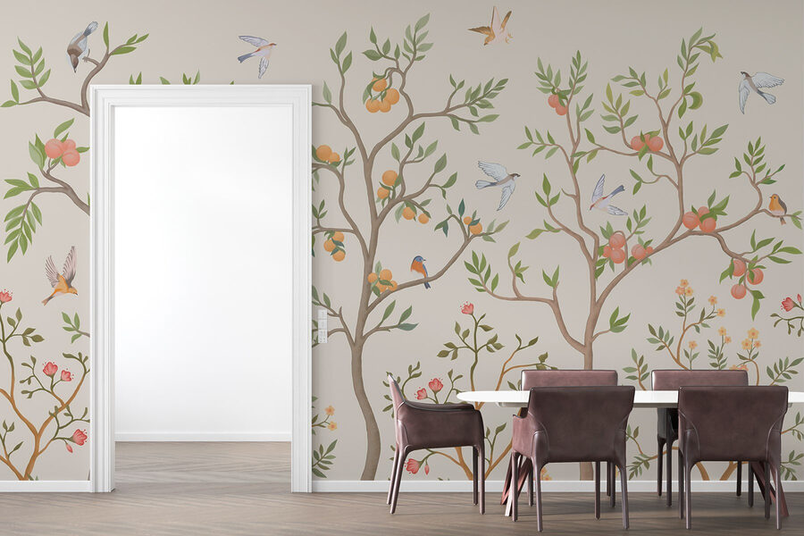 Behang met vogels en bomen