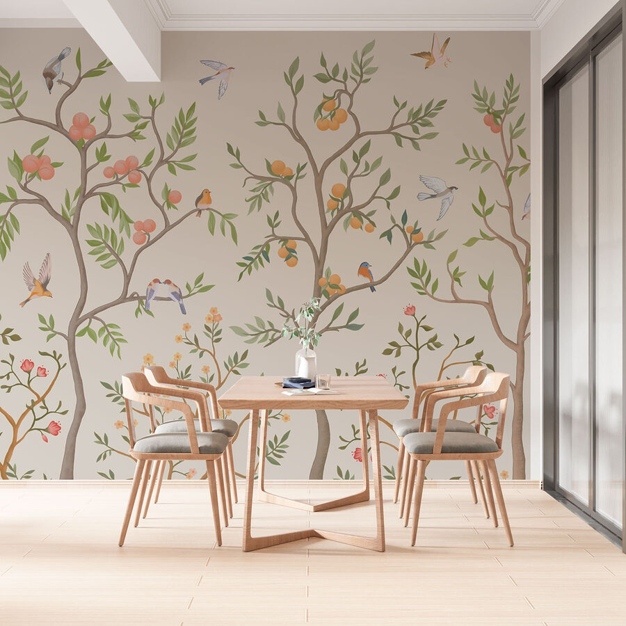 Behang met vogels en bomen