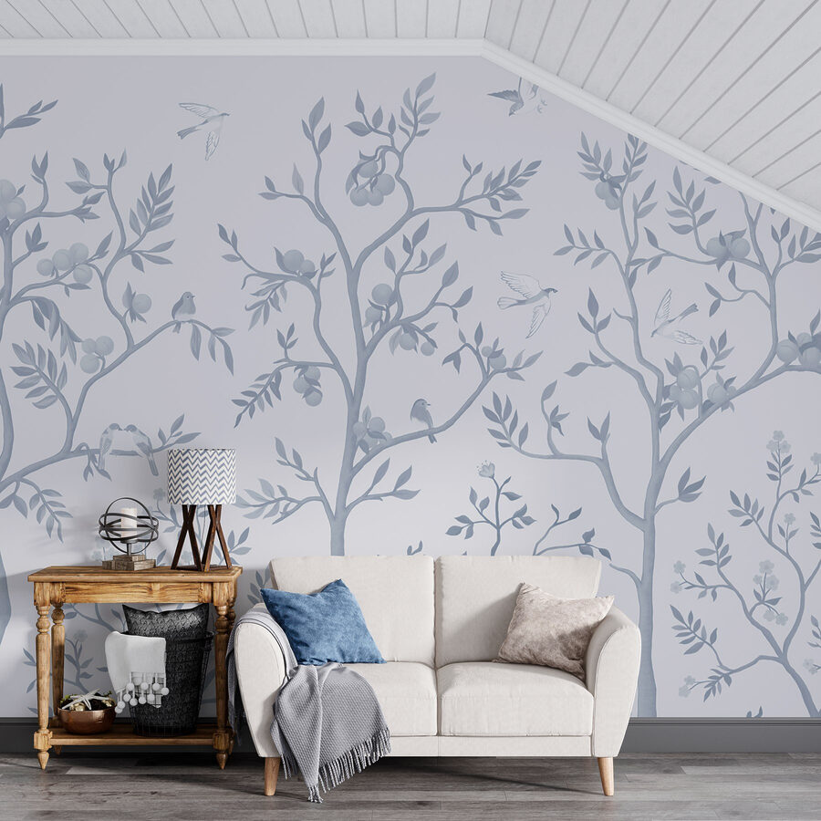 Behang met vogels en bomen