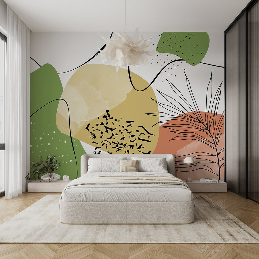 Kleurrijke kunst met zwarte en groene vormen
