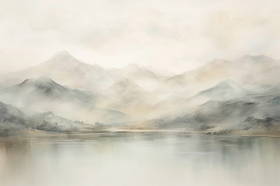 Aquarel van een meer met bergen in de verte