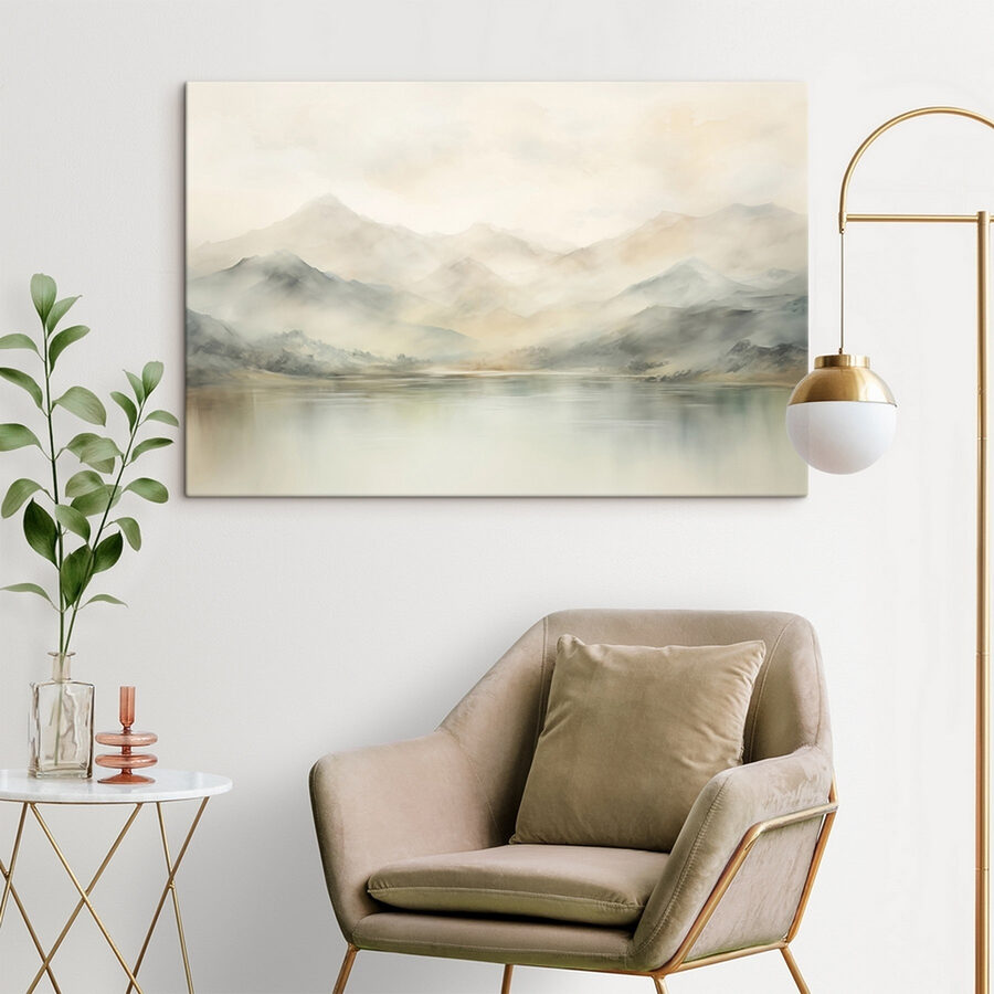 Aquarel van een meer met bergen in de verte